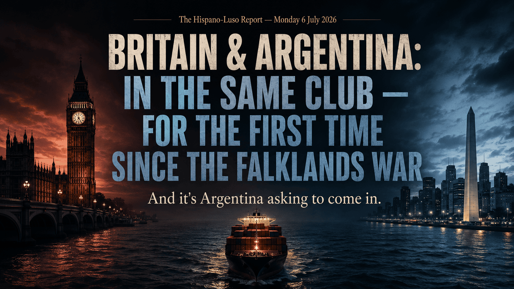 Argentina CPTPP — cargo ship crossing between London and Buenos Aires skylines at twilight, first shared trade pact since the Falklands War