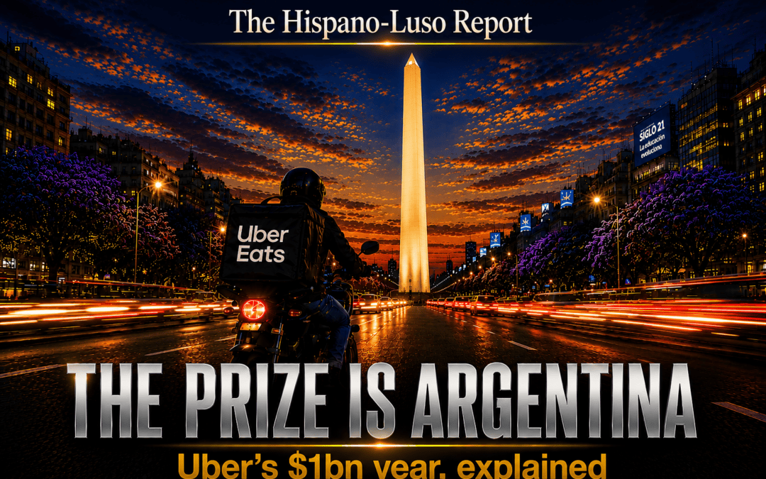 Delivery courier riding past the Obelisco in Buenos Aires at dusk — Uber Argentina investment, The Hispano-Luso Report