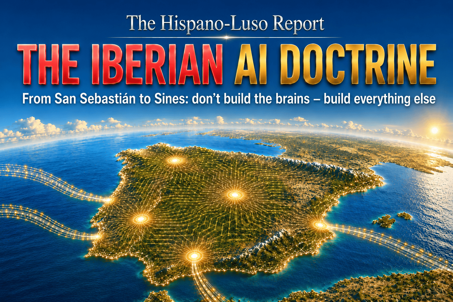 Illustration of the Iberian Peninsula rendered as a glowing golden microchip with undersea cables converging from three continents — Iberian AI strategy, The Hispano-Luso Report