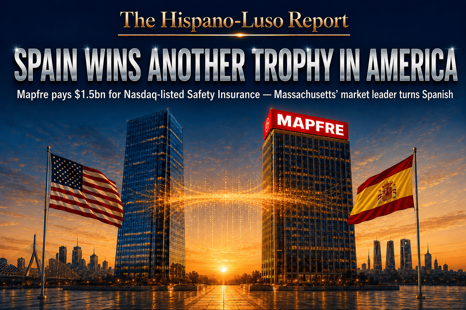 Illustration of two skyscrapers joined by a bridge of golden light, one crowned with the Mapfre logo, flanked by large American and Spanish flags — Mapfre Safety Insurance acquisition, The Hispano-Luso Report