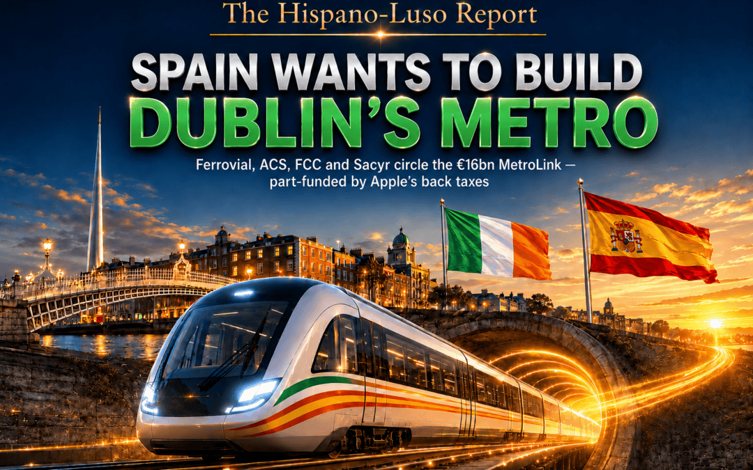 Illustration of a driverless metro train with Irish and Spanish livery stripes emerging from a tunnel beneath Dublin, Irish and Spanish flags flying above — MetroLink Spanish companies bidding, The Hispano-Luso Report