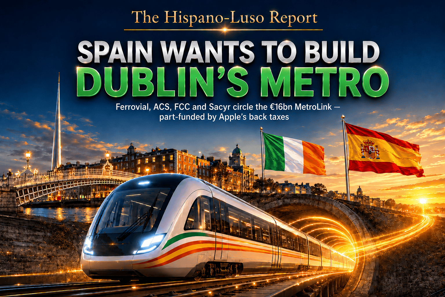 Illustration of a driverless metro train with Irish and Spanish livery stripes emerging from a tunnel beneath Dublin, Irish and Spanish flags flying above — MetroLink Spanish companies bidding, The Hispano-Luso Report