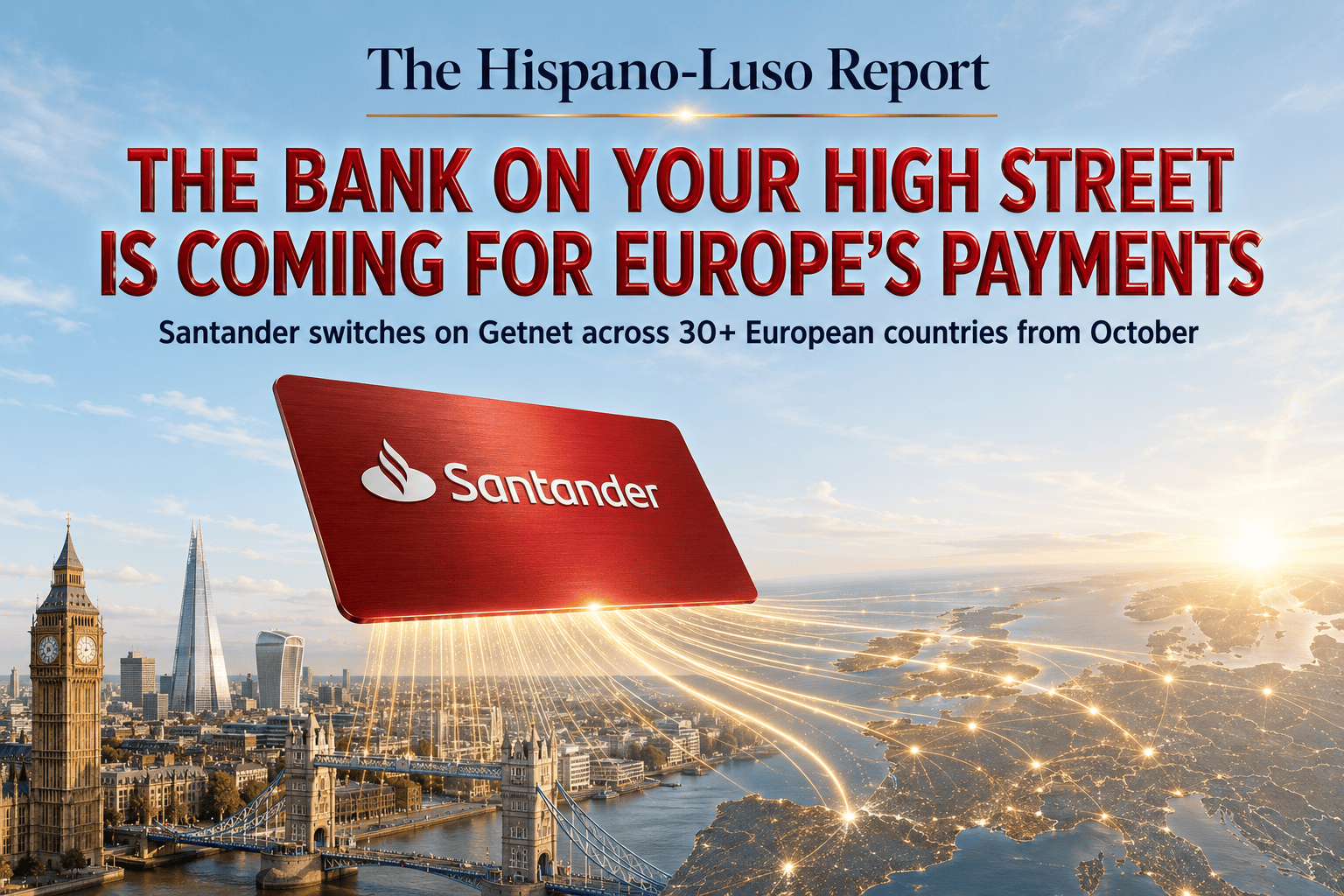 Illustration of a red Santander payment card hovering over the London skyline with golden payment network threads spreading across a map of Europe — Santander Getnet Europe launch, The Hispano-Luso Report