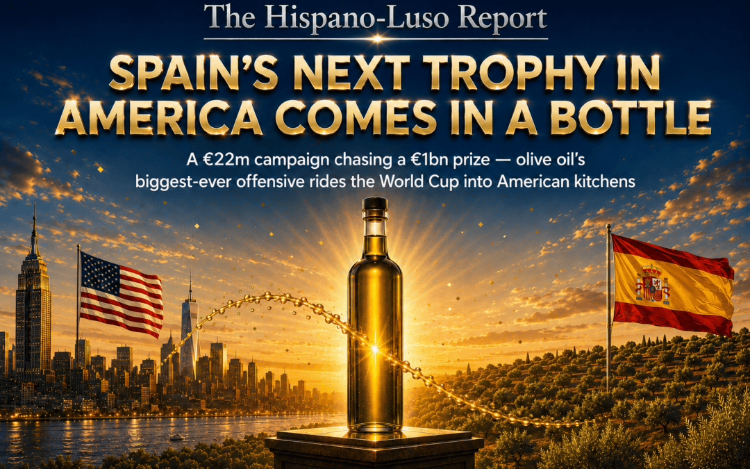 Illustration of an unlabelled olive oil bottle on a podium between Spanish olive groves and the Manhattan skyline, golden droplets arcing toward New York — Spanish olive oil US campaign, The Hispano-Luso Report