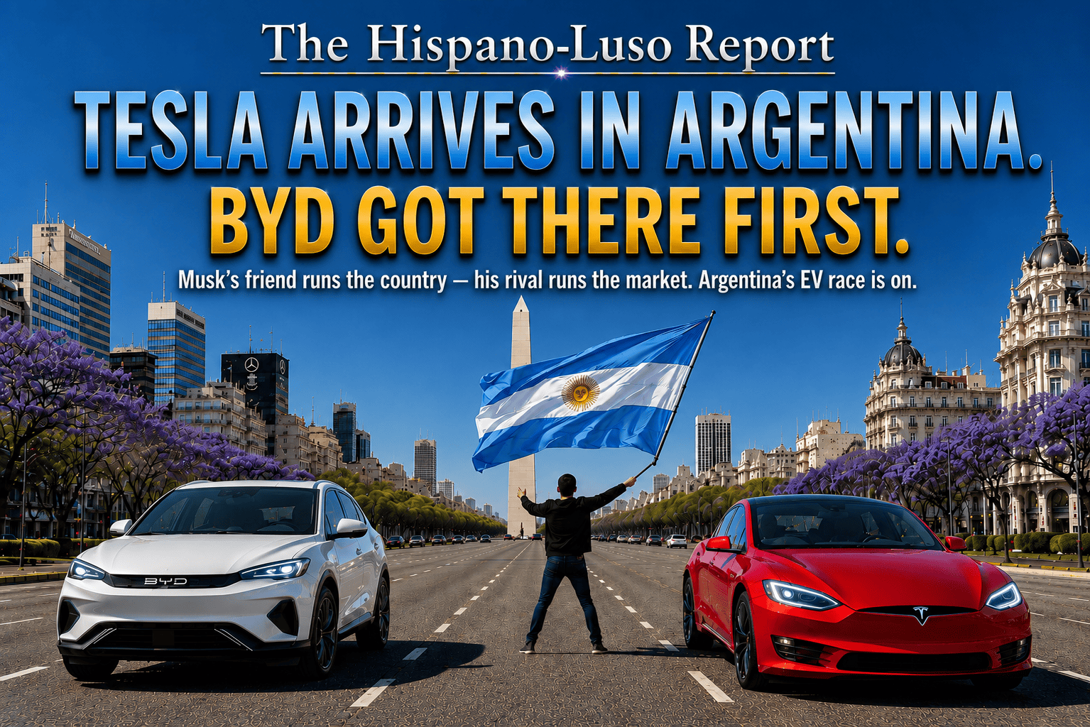 Illustration of a premium red electric sedan arriving down Avenida 9 de Julio in Buenos Aires toward charging bays already occupied by compact EVs, Argentine and US flags flying — Tesla Argentina launch, The Hispano-Luso Report
