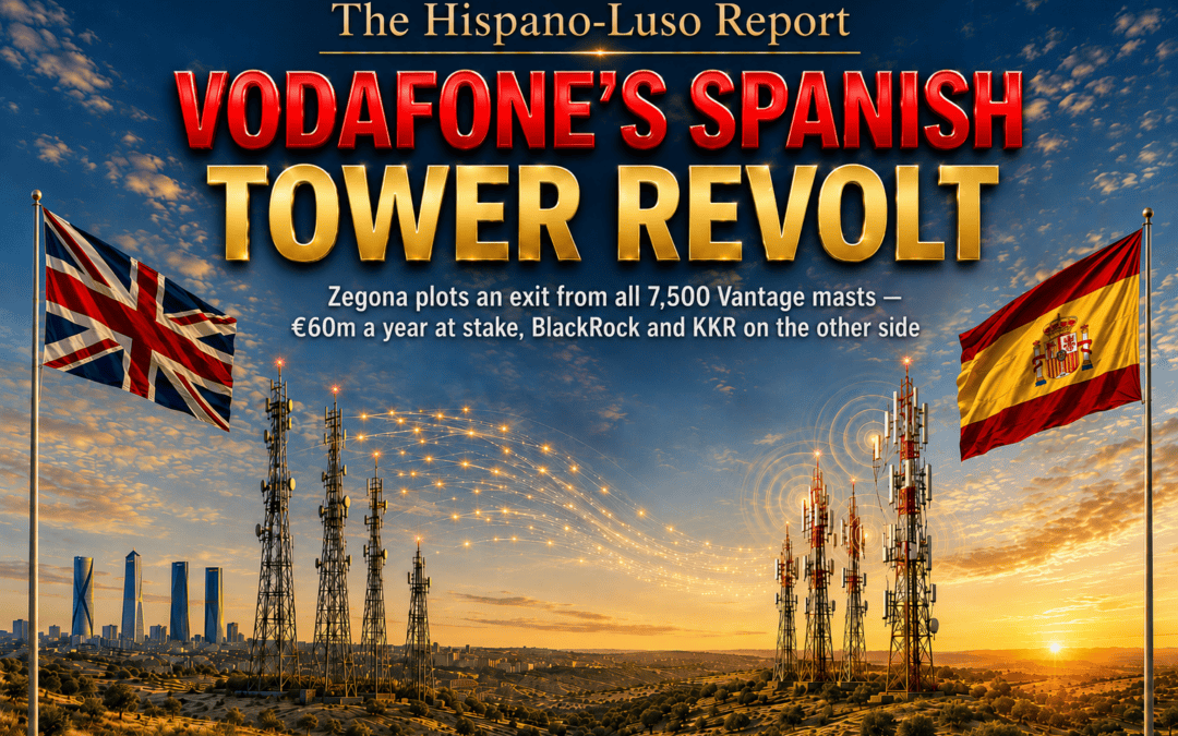 Illustration of golden signal streams migrating from dim telecom towers to bright modern masts across a Spanish landscape, UK and Spanish flags flying — Vodafone Vantage Towers Spain dispute, The Hispano-Luso Report