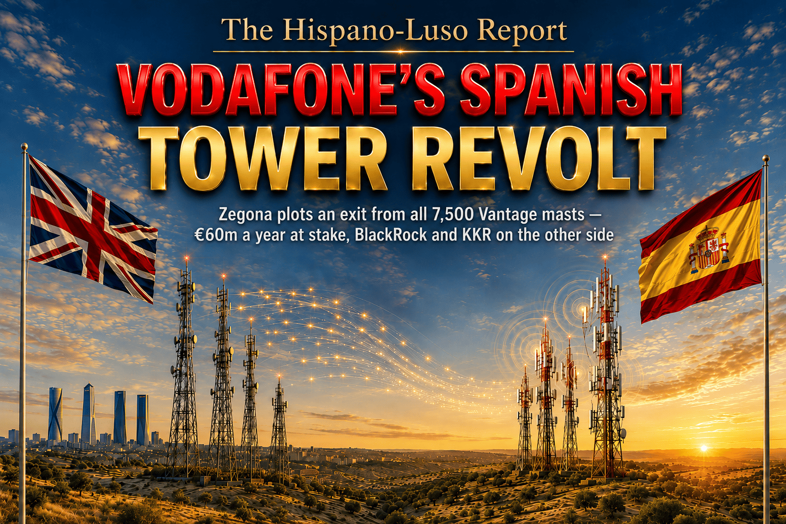 Illustration of golden signal streams migrating from dim telecom towers to bright modern masts across a Spanish landscape, UK and Spanish flags flying — Vodafone Vantage Towers Spain dispute, The Hispano-Luso Report