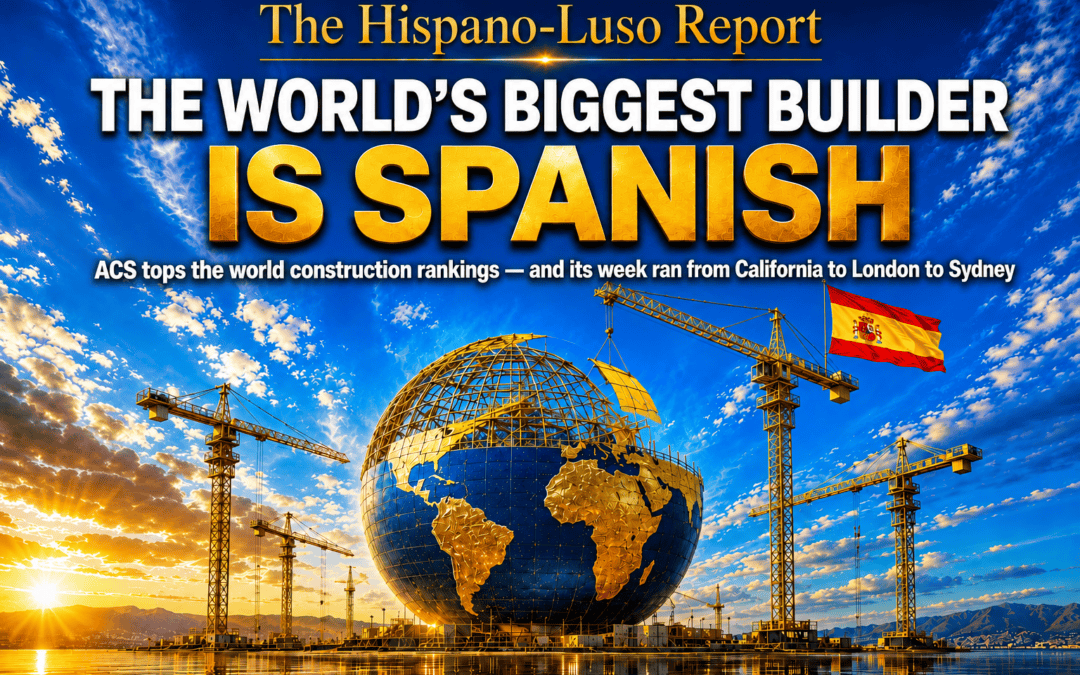 Illustration of a colossal half-built globe of golden continents under construction at night, four tower cranes attending with a Spanish flag flying from the tallest, reflections on a dark mirror plain — ACS world's biggest construction company, The Hispano-Luso Report