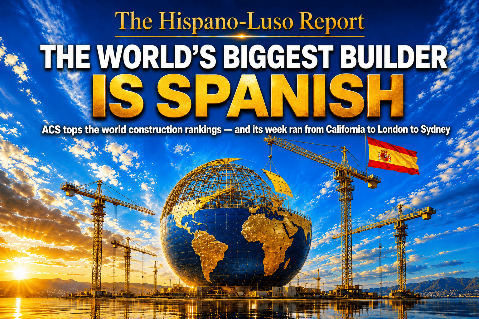 Illustration of a colossal half-built globe of golden continents under construction at night, four tower cranes attending with a Spanish flag flying from the tallest, reflections on a dark mirror plain — ACS world's biggest construction company, The Hispano-Luso Report