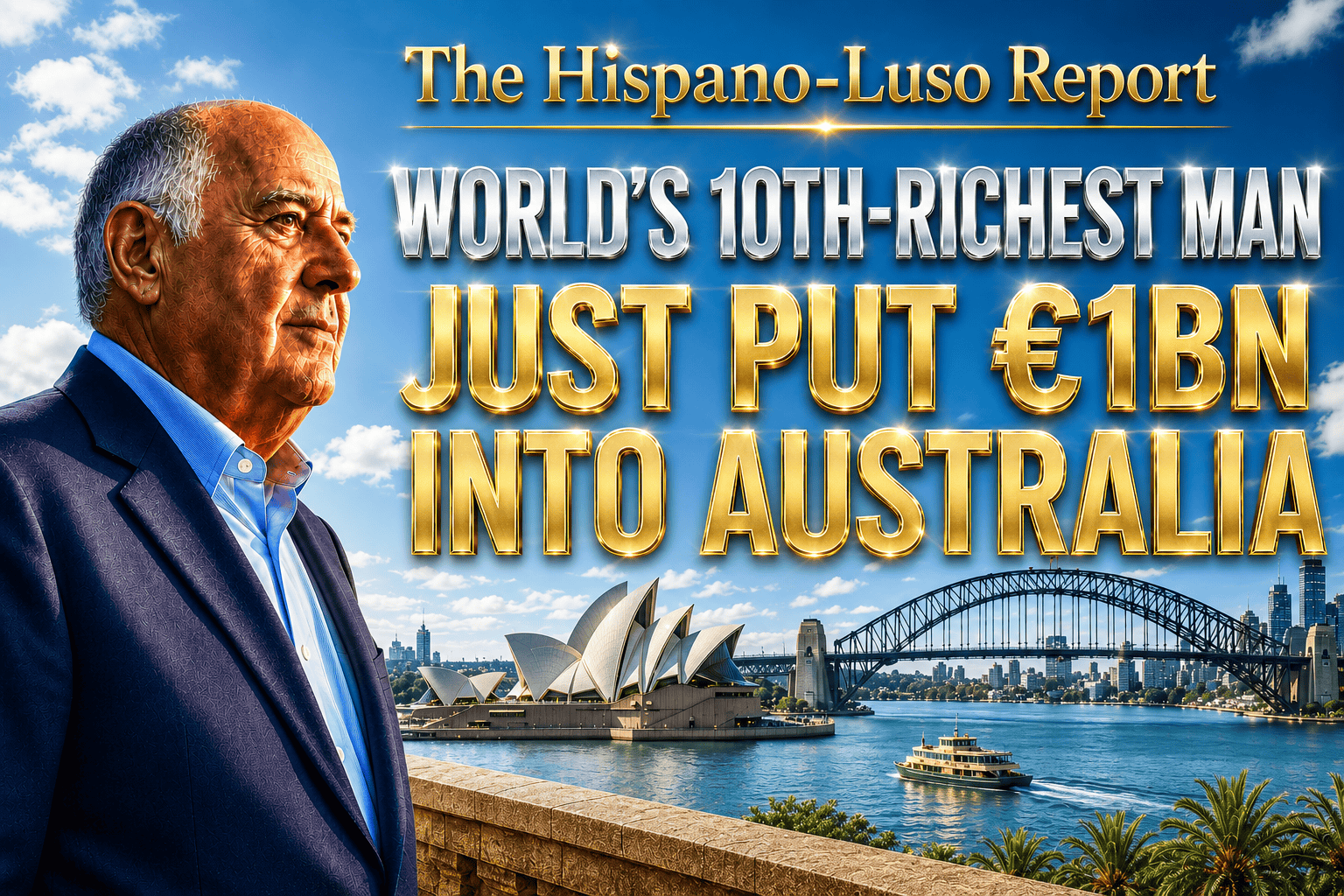 Cover image of an older businessman in a navy blazer overlooking Sydney Harbour, the Opera House and Harbour Bridge in bright sunlight behind him — Amancio Ortega Qube investment, Pontegadea's €1bn Australia deal, The Hispano-Luso Report