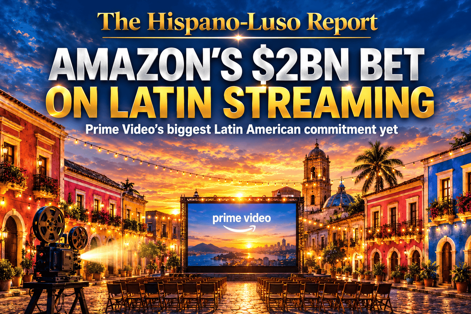 Illustration of a warm Latin American plaza at dusk — colourful colonial facades and festival lights around a great open-air cinema screen glowing pure gold, empty chairs waiting, ribbons of golden light rising into the evening sky — Amazon Prime Video Latin America $2bn investment, The Hispano-Luso Report