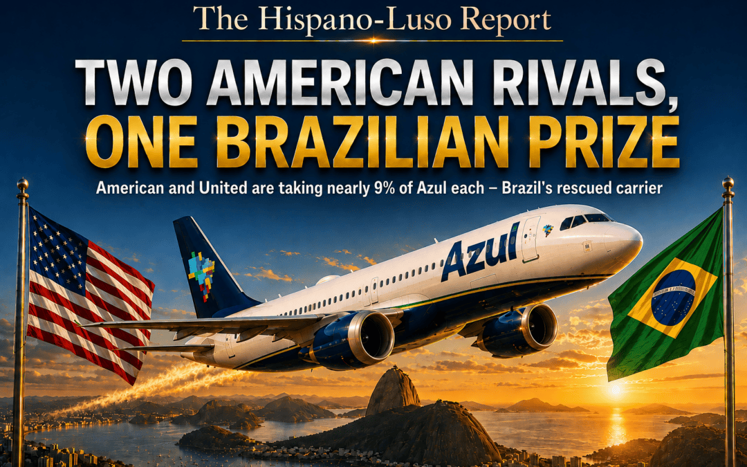 Illustration of an Azul Brazilian Airlines jet climbing over Rio de Janeiro's Sugarloaf Mountain between American and Brazilian flags at sunset — American Airlines Azul investment, The Hispano-Luso Report