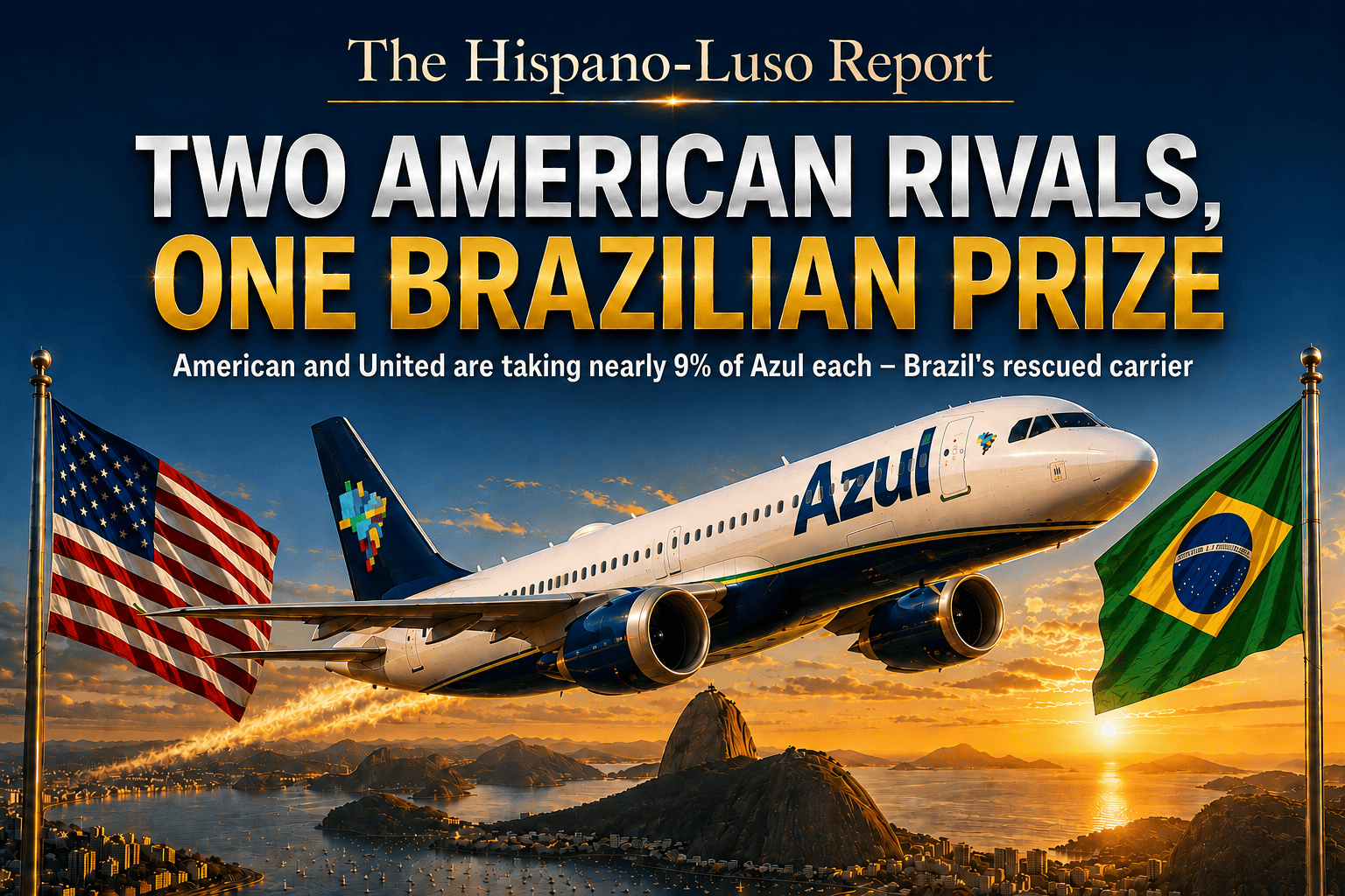 american-united-azul-brazil-stakes Illustration of an Azul Brazilian Airlines jet climbing over Rio de Janeiro's Sugarloaf Mountain between American and Brazilian flags at sunset — American Airlines Azul investment, The Hispano-Luso Report