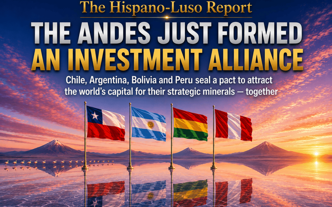 Photographic-style illustration of four flagpoles flying the Chilean, Argentine, Bolivian and Peruvian flags in a row on a mirror-still Andean salt flat at dawn, their reflections perfectly doubled in the shallow water, volcanoes on the horizon — Andes strategic minerals alliance, The Hispano-Luso Report