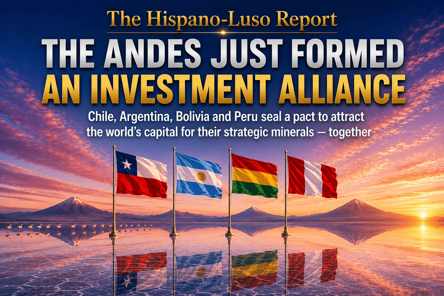 andes-strategic-minerals-alliance Photographic-style illustration of four flagpoles flying the Chilean, Argentine, Bolivian and Peruvian flags in a row on a mirror-still Andean salt flat at dawn, their reflections perfectly doubled in the shallow water, volcanoes on the horizon — Andes strategic minerals alliance, The Hispano-Luso Report
