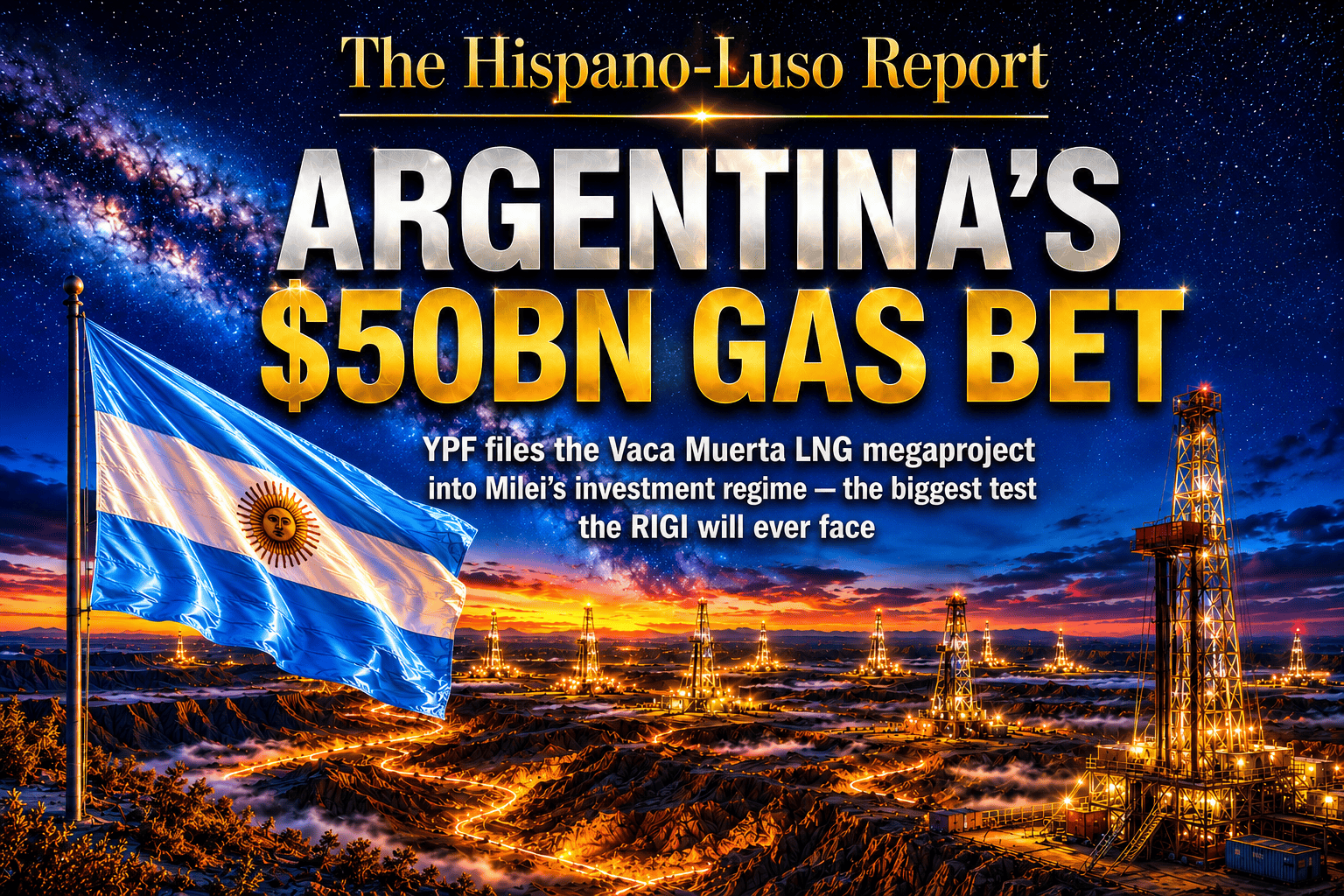 Illustration of Vaca Muerta's shale plains at night with a dozen drilling rigs glowing gold across the badlands, golden light rising through the fractured ground, the Milky Way arching overhead and the Argentine flag flying — Argentina LNG RIGI filing, YPF's $50bn Vaca Muerta project, The Hispano-Luso Report