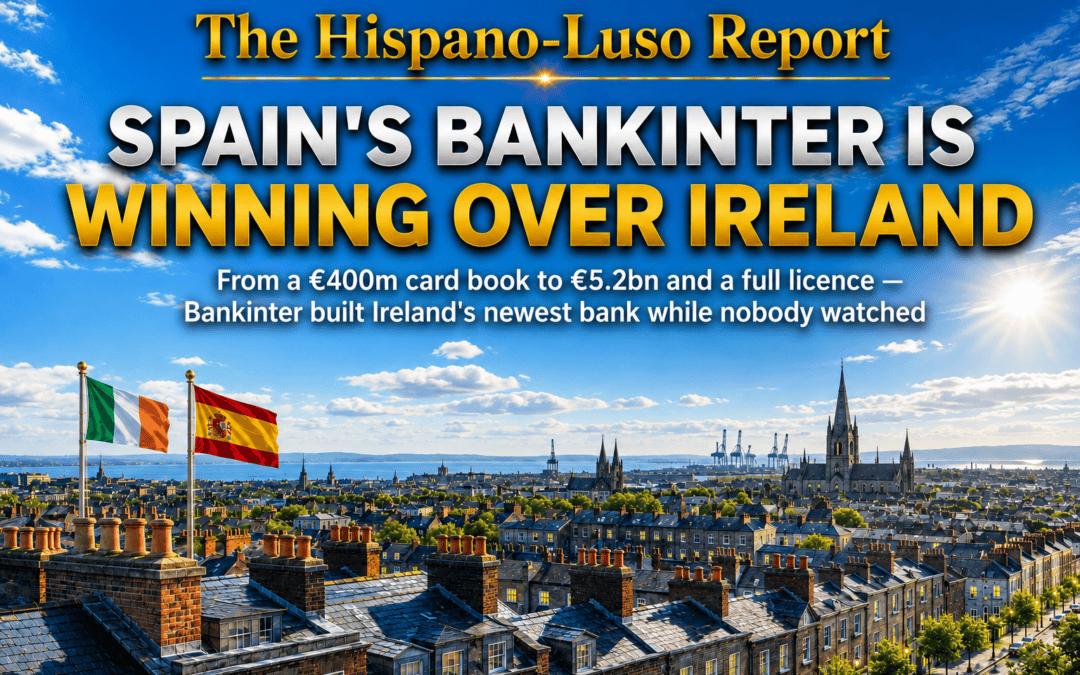 Photographic-style illustration of Dublin's red-brick terraced rooftops in afternoon, looking toward the bay, Irish and Spanish flags side by side on one rooftop — Bankinter Ireland growth, The Hispano-Luso Report