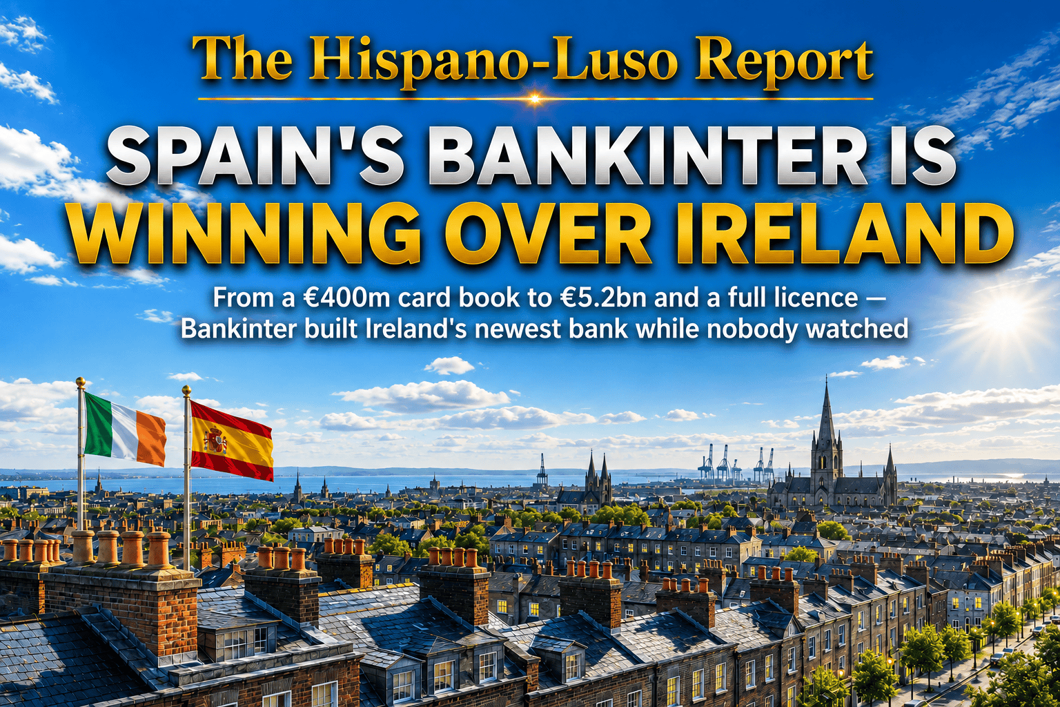 Photographic-style illustration of Dublin's red-brick terraced rooftops in afternoon, looking toward the bay, Irish and Spanish flags side by side on one rooftop — Bankinter Ireland growth, The Hispano-Luso Report
