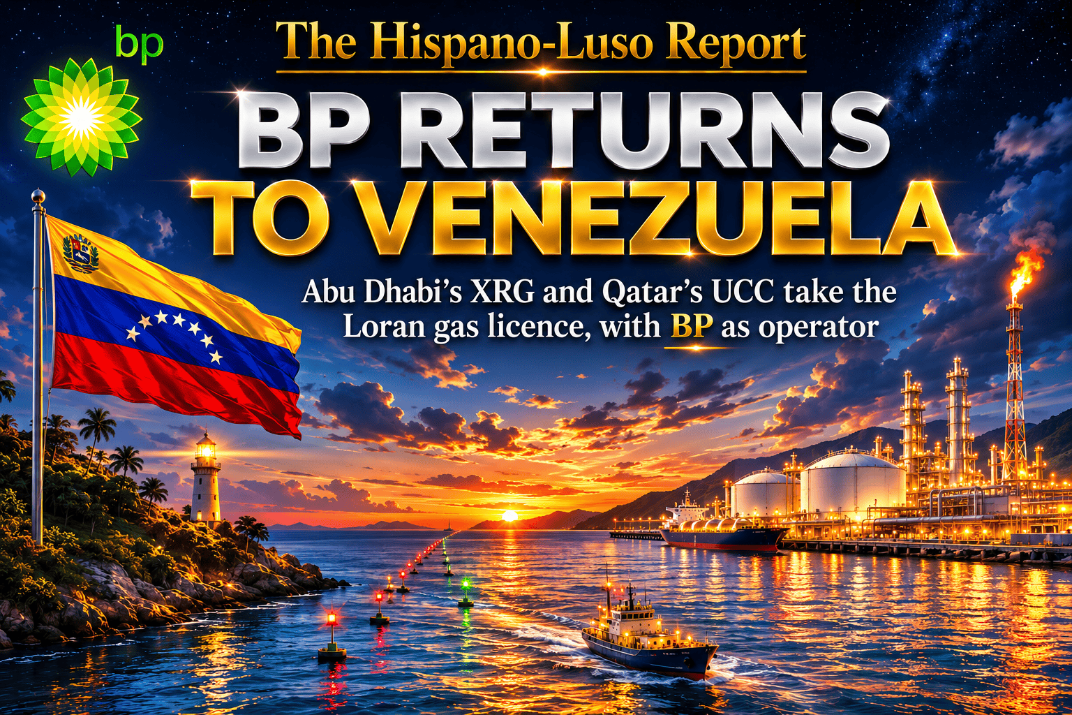Illustration of the night strait between Venezuela and Trinidad — a dark Venezuelan headland with the Venezuelan flag on the left, Trinidad's LNG plant glowing gold on the right, and a vast pool of golden light glowing up through the sea between them where the Loran gas field sleeps — BP Venezuela Loran gas licence, The Hispano-Luso Report