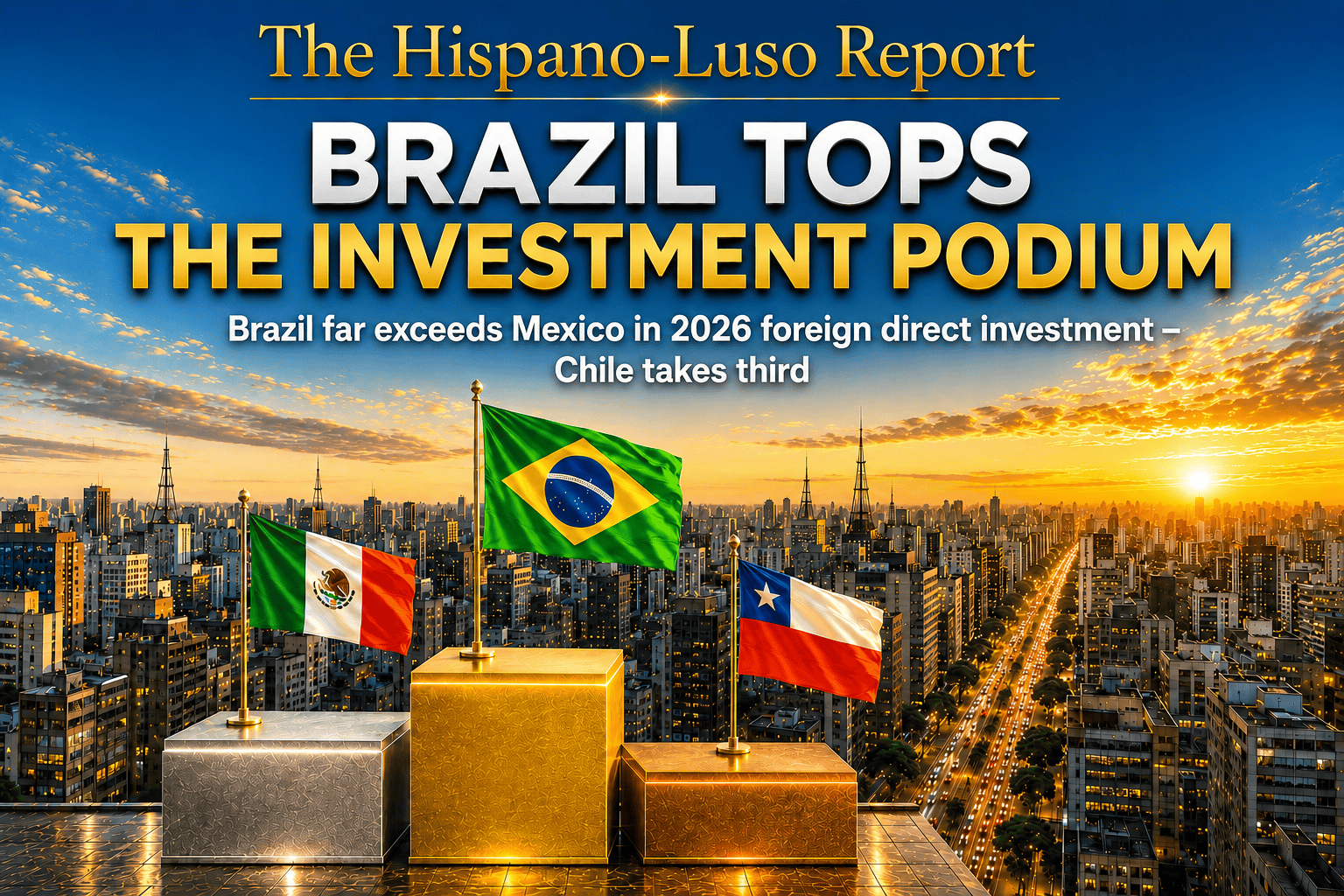 brazil-foreign-investment-podium-2026 Illustration of a three-tier victory podium before the São Paulo skyline at golden hour, Brazilian flag on the top step with golden confetti falling, Mexican and Chilean flags on the lower tiers — Brazil foreign investment 2026 leads Latin America, The Hispano-Luso Report
