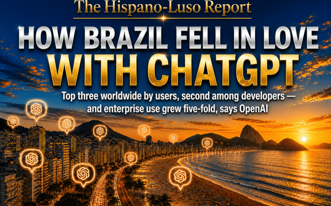 Illustration of the Copacabana skyline at golden dusk with several ChatGPT speech bubbles rising from its buildings into the evening sky — ChatGPT Brazil, OpenAI's top-five market, The Hispano-Luso Report
