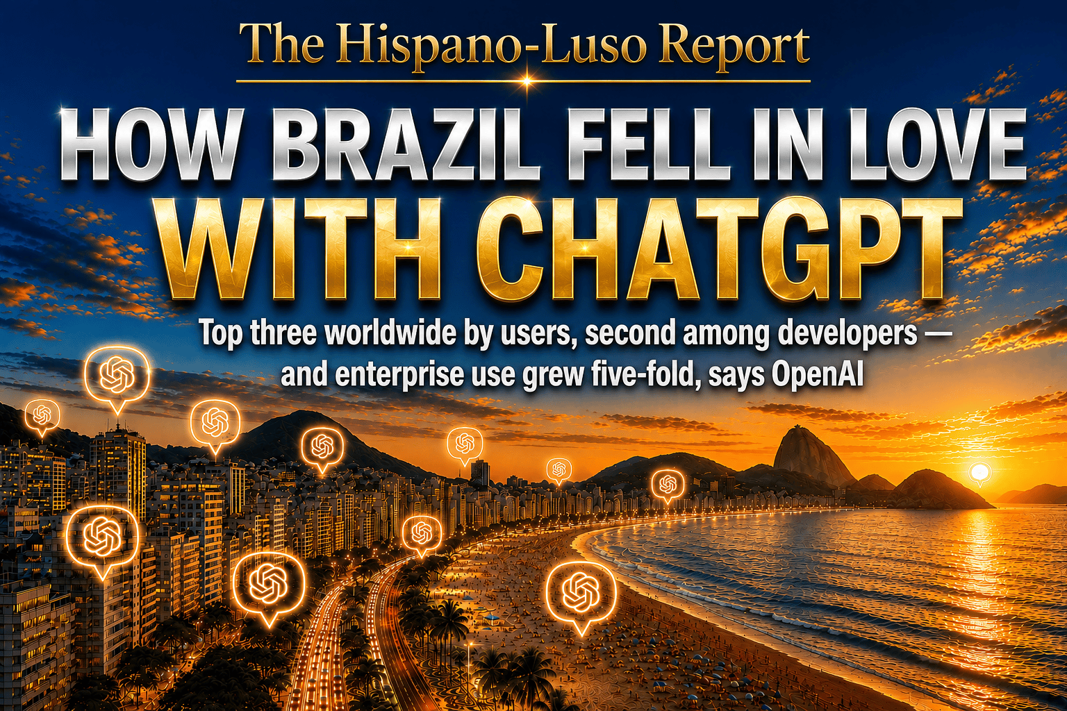 Illustration of the Copacabana skyline at golden dusk with several ChatGPT speech bubbles rising from its buildings into the evening sky — ChatGPT Brazil, OpenAI's top-five market, The Hispano-Luso Report