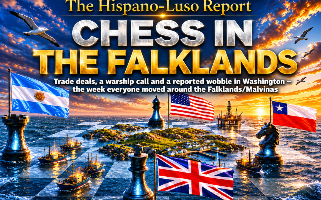 Illustration of a chessboard laid over the wild South Atlantic with a green archipelago at its centre, four stone chess pieces at the edges beside UK, Argentine, US and Chilean flags, fishing trawlers and a lone oil platform in play — Falklands/Malvinas economy, The Hispano-Luso Report