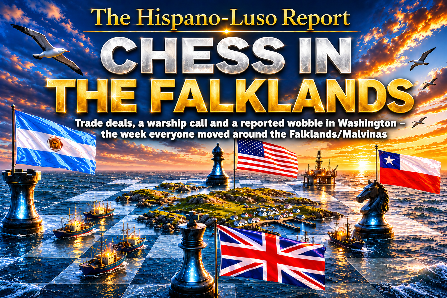 chess-in-the-falklands-malvinas Illustration of a chessboard laid over the wild South Atlantic with a green archipelago at its centre, four stone chess pieces at the edges beside UK, Argentine, US and Chilean flags, fishing trawlers and a lone oil platform in play — Falklands/Malvinas economy, The Hispano-Luso Report
