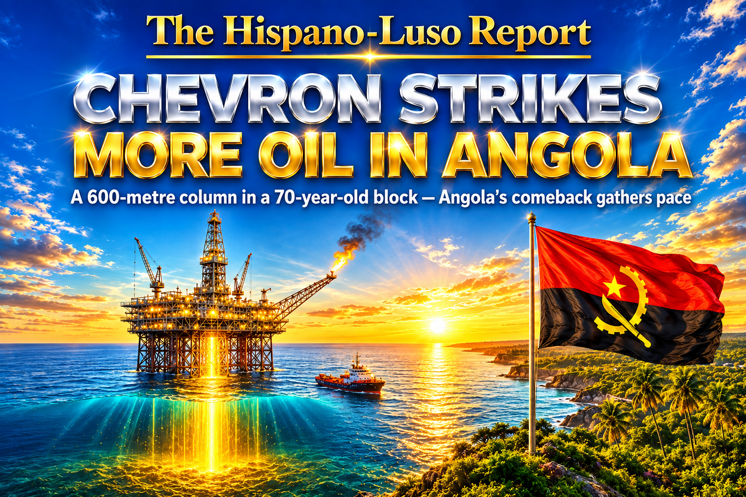 chevron-angola-block-0-discovery Illustration of a lone offshore platform off the Angolan coast at first light, golden glow rising through the sea beneath it, Angolan flag flying on the shore — Chevron Angola discovery, Block 0 Lower Congo, The Hispano-Luso Report