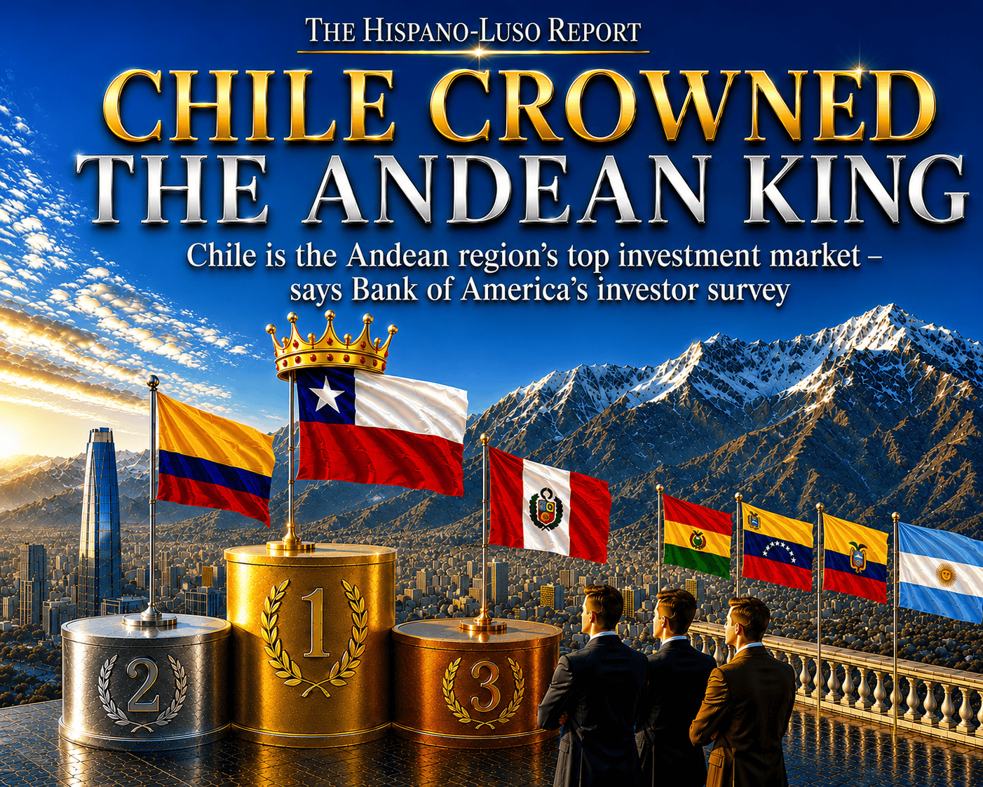 chile-andean-market-bofa-investor-survey Cinematic illustration of Santiago, Chile at golden dusk with the Andes mountains behind the city, the Chilean flag illuminated in the foreground and a golden crown above Santiago — Chile crowned the Andean king, The Hispano-Luso Report