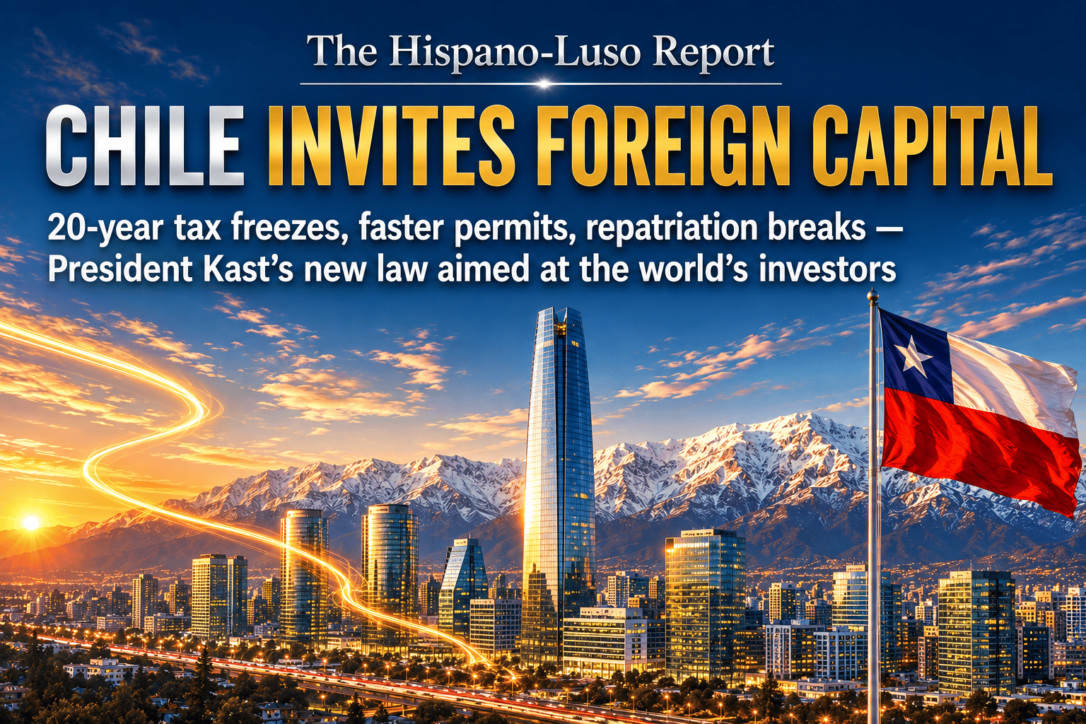 Realistic view of Santiago de Chile's Sanhattan financial district and Gran Torre under snow-covered Andes at golden hour, Chilean flag flying, golden light stream descending into the city — Chile foreign investment law, The Hispano-Luso Report