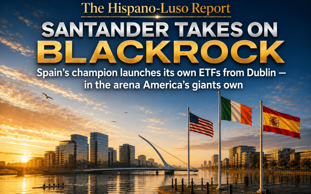 Photographic-style illustration of three flagpoles on Dublin's quayside at dawn — Irish tricolour presiding, a weathered US flag, and a brand-new Spanish flag with a ladder at its base — the Liffey and financial district behind — Santander ETF launch Dublin, The Hispano-Luso Report