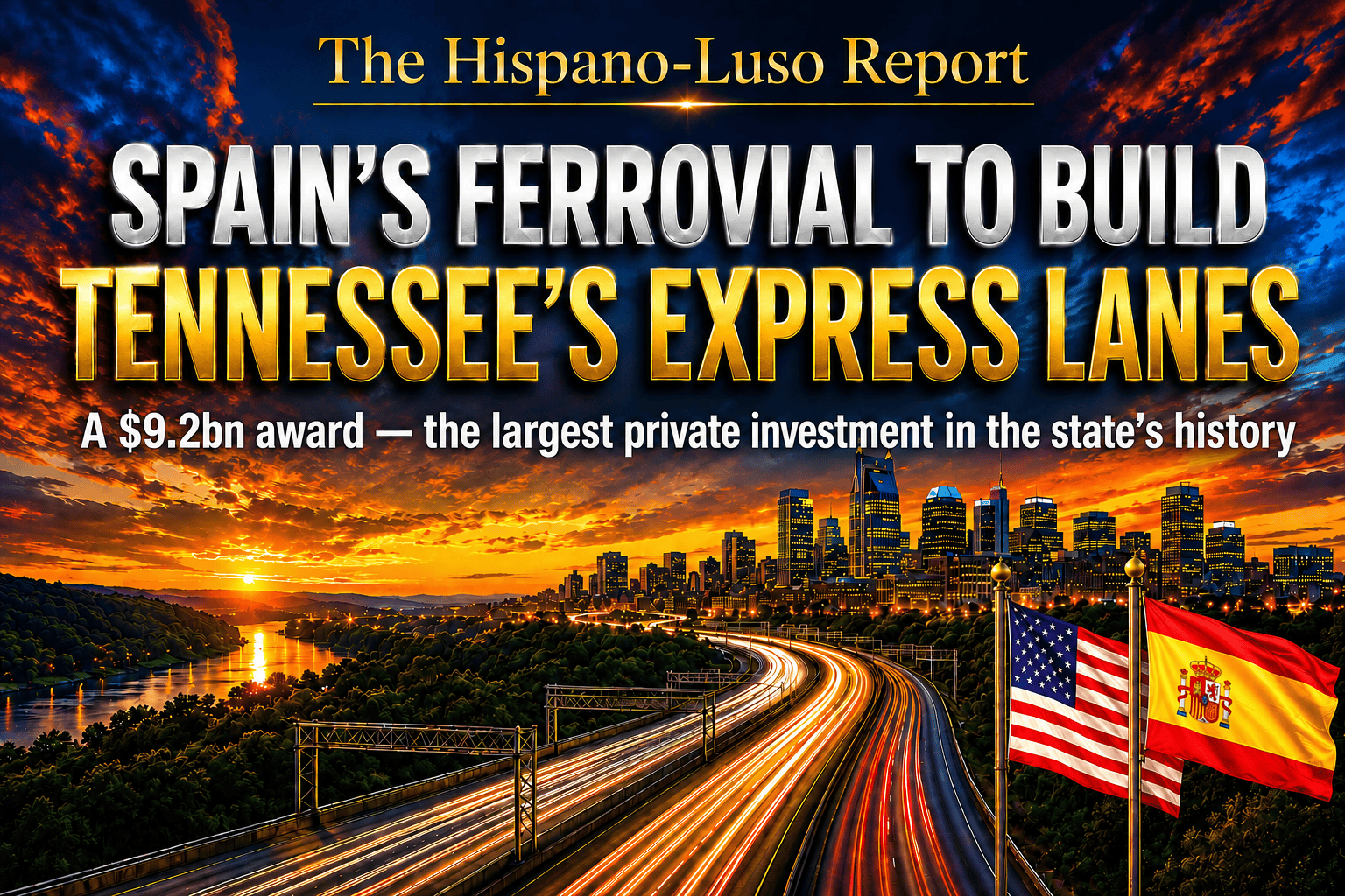 ferrovial-tennessee-i24-express-lanes Illustration of a modern highway at dusk sweeping toward the Nashville skyline, golden express lanes beside silver free lanes, US and Spanish flags flying by the road — Ferrovial Tennessee I-24 express lanes award, The Hispano-Luso Report