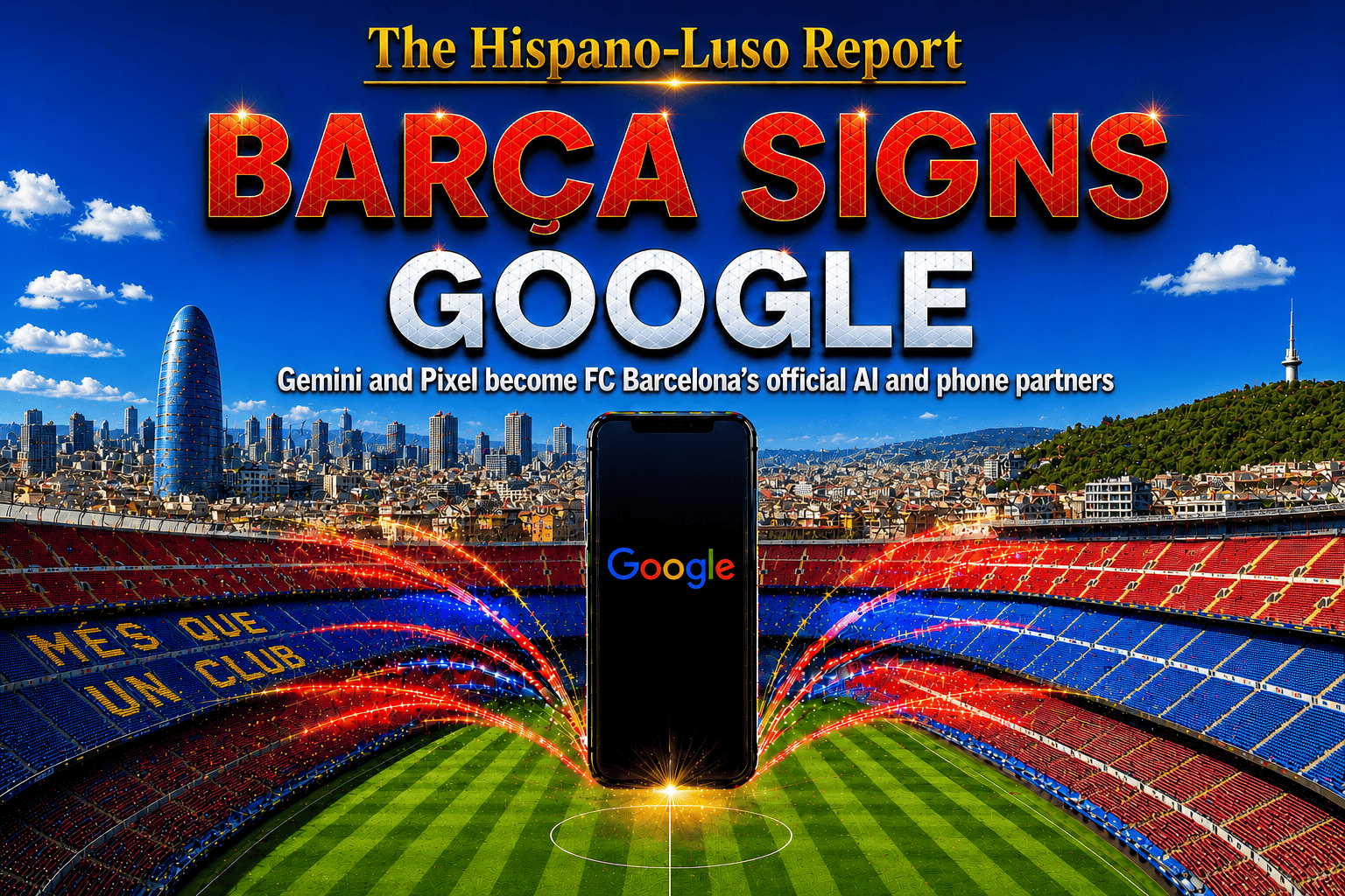 Illustration of the Barcelona stadium at night viewed from behind the goal, MÉS QUE UN CLUB in golden seat-mosaic on the left stand, a giant glowing Google phone floating above the pitch — Google Barcelona partnership, The Hispano-Luso Report