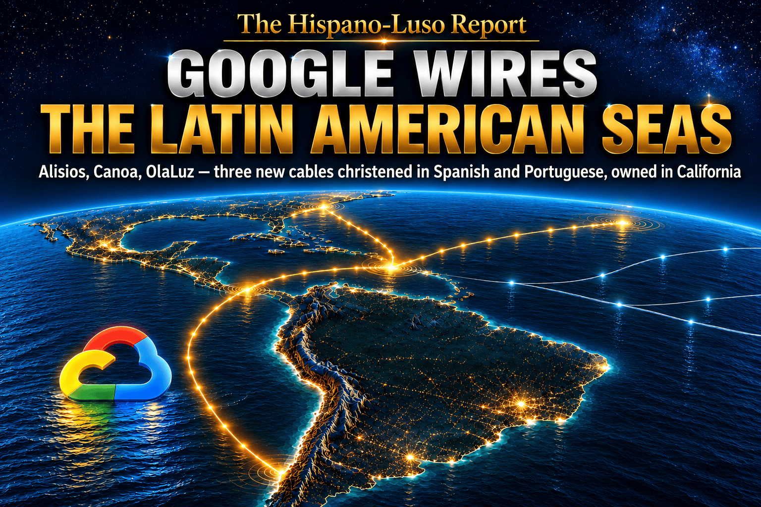 Illustration of three glowing golden subsea cables being drawn across a night map of Latin America and the Caribbean, the Dominican Republic lit as a new hub — Google Latin America cables, Americas Connect, The Hispano-Luso Report