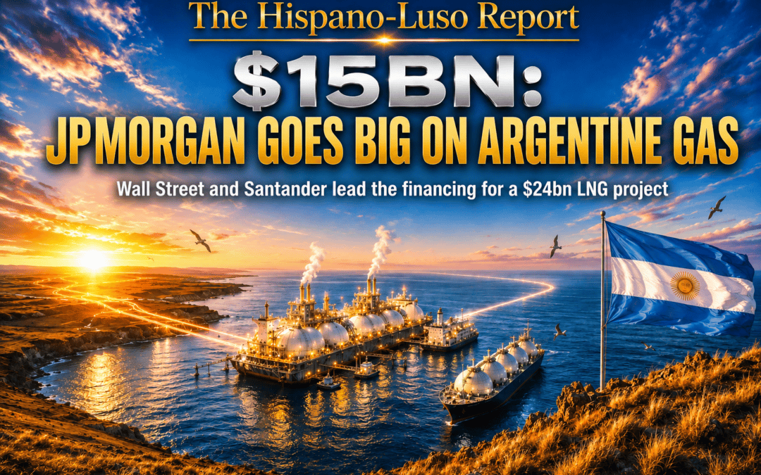 Illustration of two floating LNG vessels at dawn on Argentina's Atlantic coast, golden pipeline light arriving from the Vaca Muerta steppe and a silver thread of finance arriving by sea, Argentine flag on a bluff — JPMorgan Argentina LNG $15bn financing, The Hispano-Luso Report
