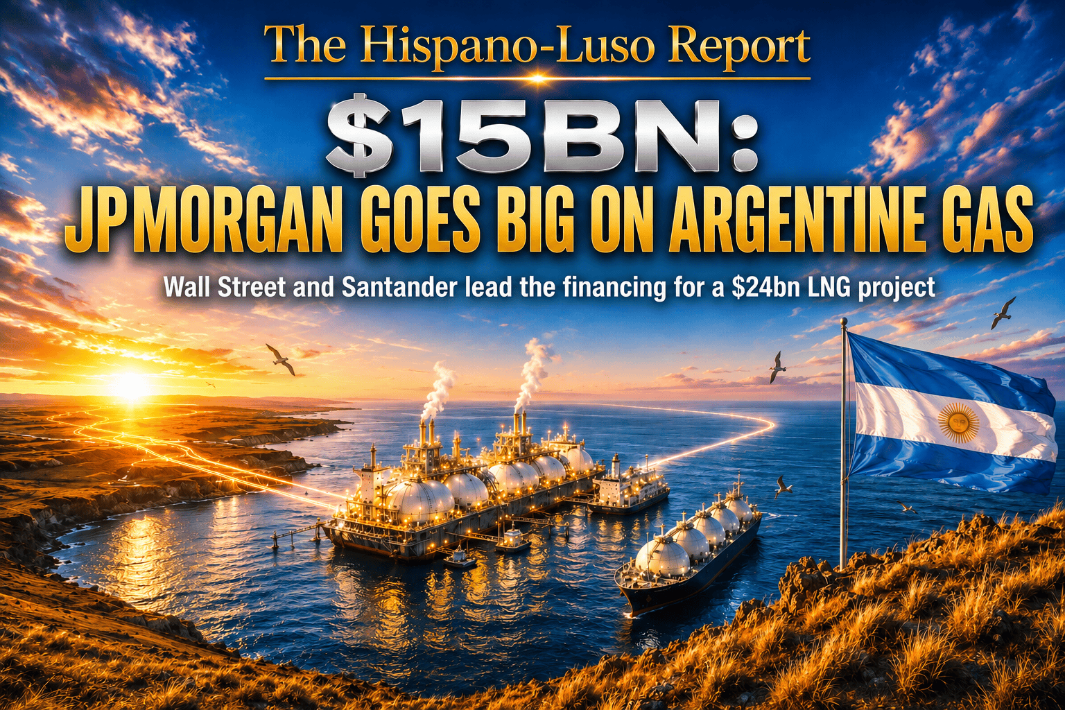 Illustration of two floating LNG vessels at dawn on Argentina's Atlantic coast, golden pipeline light arriving from the Vaca Muerta steppe and a silver thread of finance arriving by sea, Argentine flag on a bluff — JPMorgan Argentina LNG $15bn financing, The Hispano-Luso Report