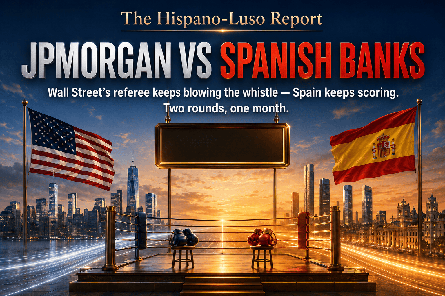 Illustration of an empty boxing ring between the Wall Street and Madrid skylines, navy and red-gold gloves on opposing stools beneath a blank scoreboard — JPMorgan Spanish banks dispute, The Hispano-Luso Report