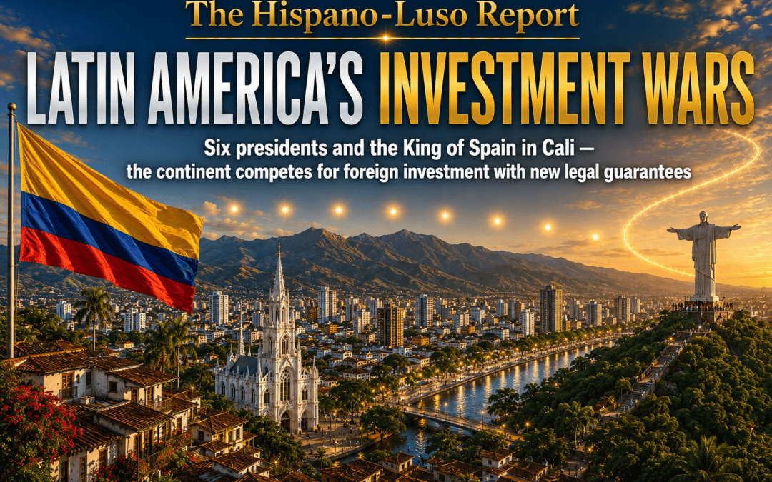 Realistic golden-hour view of Cali, Colombia, spreading across the Cauca Valley with the Farallones mountains behind, six golden orbs of light rising over the city and the Colombian flag flying in the foreground — Latin America foreign investment summit, The Hispano-Luso Report