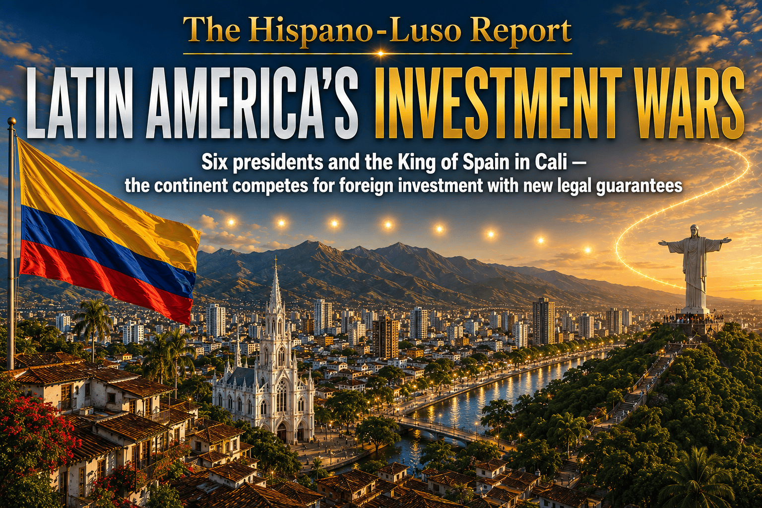 Realistic golden-hour view of Cali, Colombia, spreading across the Cauca Valley with the Farallones mountains behind, six golden orbs of light rising over the city and the Colombian flag flying in the foreground — Latin America foreign investment summit, The Hispano-Luso Report