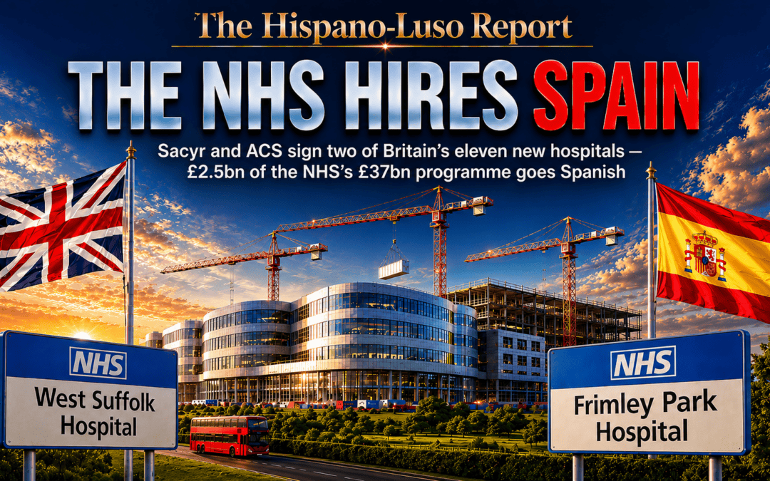 Illustration of a modern hospital under construction in green English countryside with red-and-gold cranes, Union Jack and Spanish flags flying — NHS New Hospital Programme Spain, Sacyr and ACS, The Hispano-Luso Report