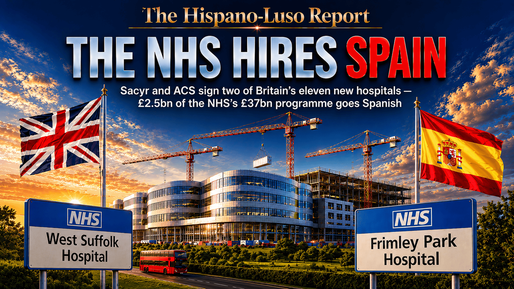 Illustration of a modern hospital under construction in green English countryside with red-and-gold cranes, Union Jack and Spanish flags flying — NHS New Hospital Programme Spain, Sacyr and ACS, The Hispano-Luso Report