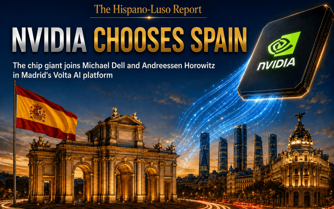 Illustration of a giant Nvidia GPU chip in the evening sky streaming blue data-light down onto Madrid's Puerta de Alcalá and skyline, with the Spanish flag flying — Nvidia Volta Spain investment, The Hispano-Luso Report