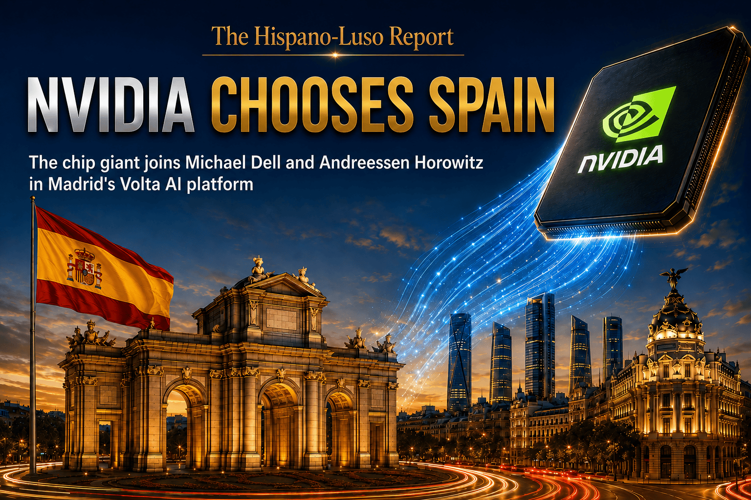 Illustration of a giant Nvidia GPU chip in the evening sky streaming blue data-light down onto Madrid's Puerta de Alcalá and skyline, with the Spanish flag flying — Nvidia Volta Spain investment, The Hispano-Luso Report