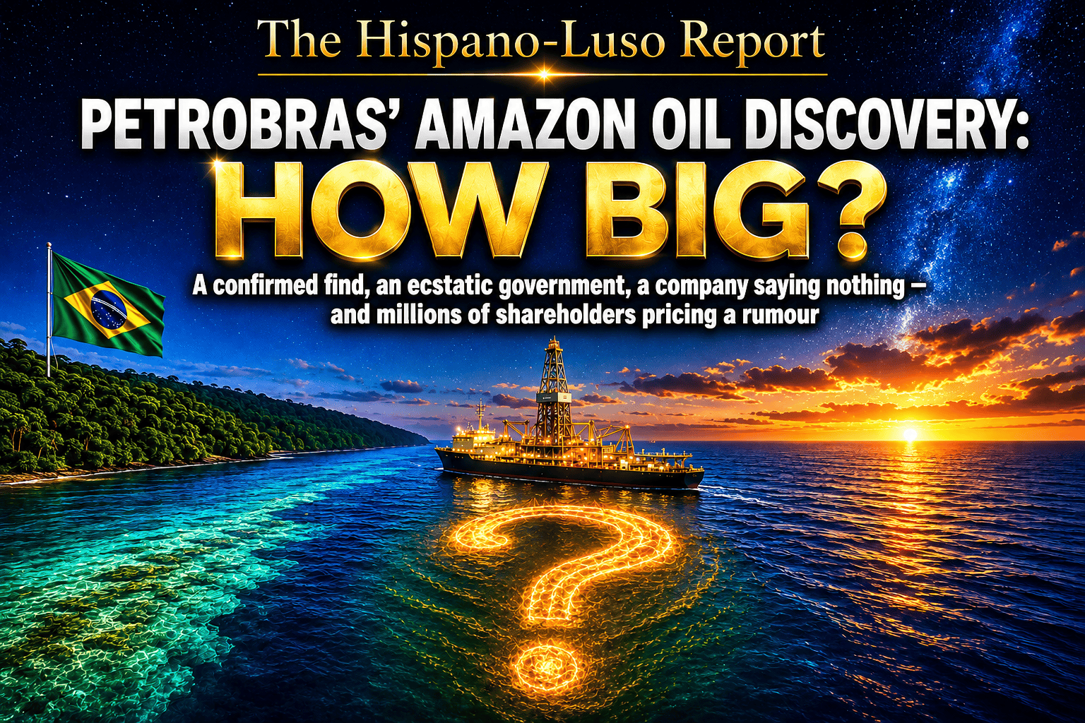 Illustration of a drillship at night on the Atlantic off the Amazon's mouth, a vast golden glow shaped like a question mark deep beneath the water, Brazilian flag on a distant headland — Petrobras Amazon oil discovery, Foz do Amazonas, The Hispano-Luso Report