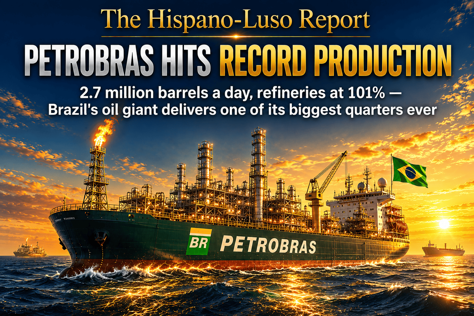 Cinematic golden-hour image of a Petrobras FPSO production vessel on the Atlantic with golden pre-salt light rising through the sea beneath it, Brazilian flag at the stern — Petrobras record production quarter, The Hispano-Luso Report