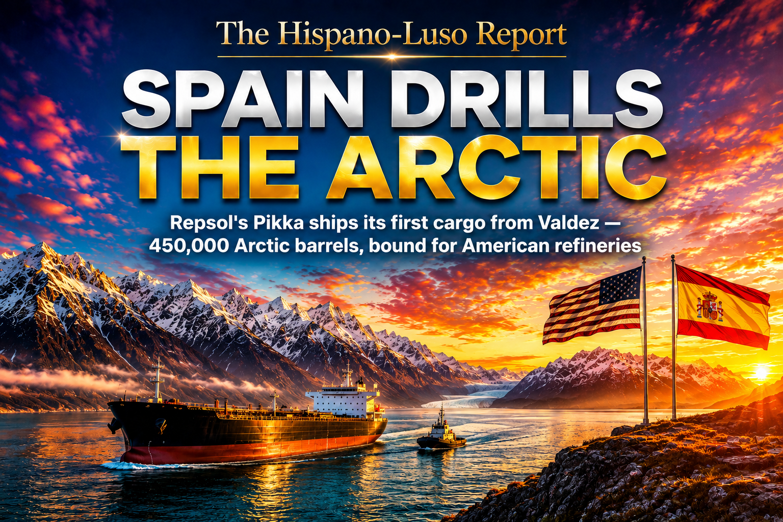Realistic golden-hour image of a crude oil tanker with tug escort sailing through Prince William Sound, Alaska, snow-covered mountains and a glacier behind, US and Spanish flags flying on a rocky headland — Repsol Pikka Alaska first cargo, The Hispano-Luso Report