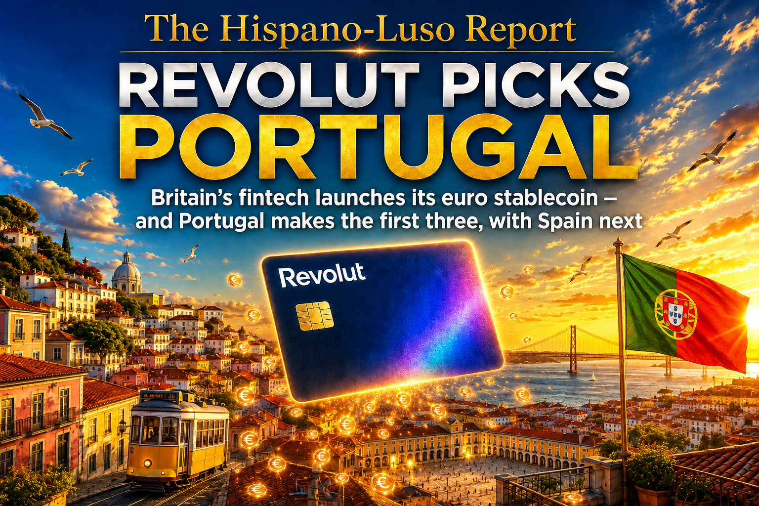 Illustration of a giant iridescent Revolut card floating above golden-hour Lisbon, a rain of glowing golden euro coins falling from it onto terracotta rooftops, Portuguese flag on a terrace — Revolut Portugal euro stablecoin launch, The Hispano-Luso Report