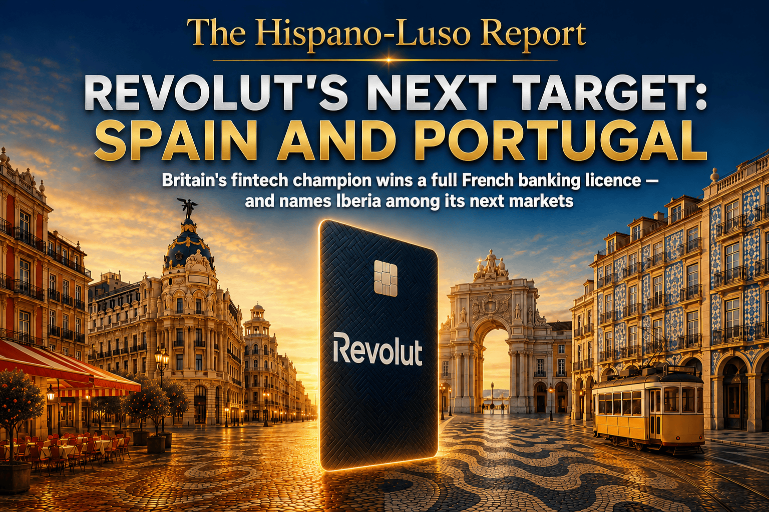 revolut-spain-portugal-banking Illustration of a giant Revolut bank card standing on a golden-hour plaza blending downtown Madrid's balconied buildings with downtown Lisbon's azulejo facades and tram — Revolut Spain Portugal banking plans, The Hispano-Luso Report