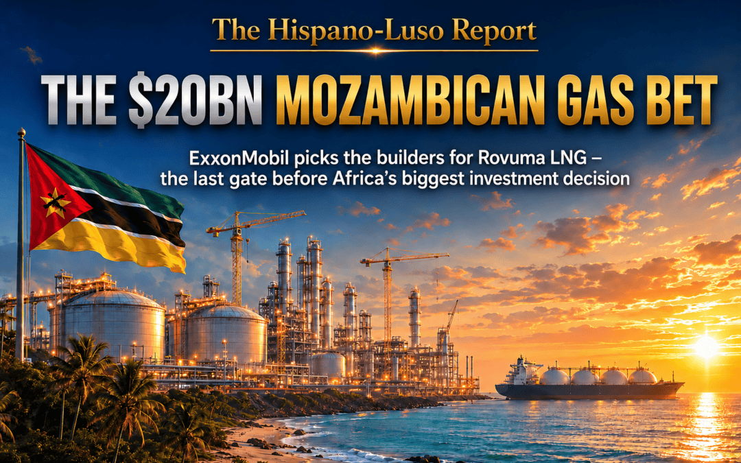 Illustration of LNG liquefaction trains rising over the Indian Ocean at dawn on Mozambique's northern coast with a golden light stream arriving from the horizon — Rovuma LNG Mozambique project, The Hispano-Luso Report